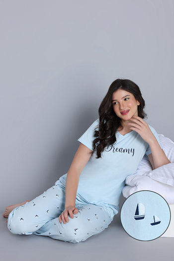 Buy Zivame Knit Cotton Pyjama Set - Salt Air